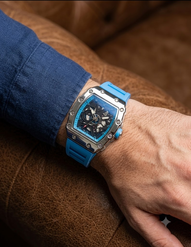 ⌚ Reloj para Hombre Estilo Richard Mille: Caja Plateada, Esfera Esqueleto y Correa de Silicona Azul - Imagen 3