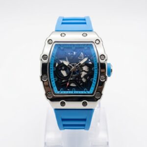 ⌚ Reloj para Hombre Estilo Richard Mille: Caja Plateada, Esfera Esqueleto y Correa de Silicona Azul