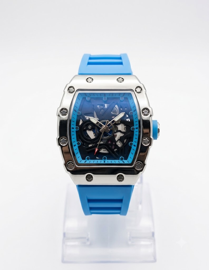 ⌚ Reloj para Hombre Estilo Richard Mille: Caja Plateada, Esfera Esqueleto y Correa de Silicona Azul
