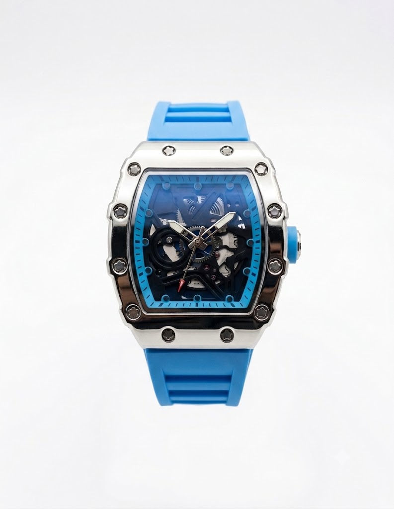 ⌚ Reloj para Hombre Estilo Richard Mille: Caja Plateada, Esfera Esqueleto y Correa de Silicona Azul - Imagen 2